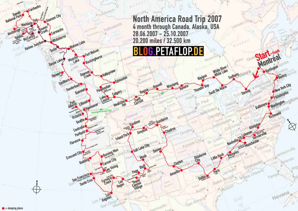 North America Road Trip 2007 Travel Map – USA Canada Alaska