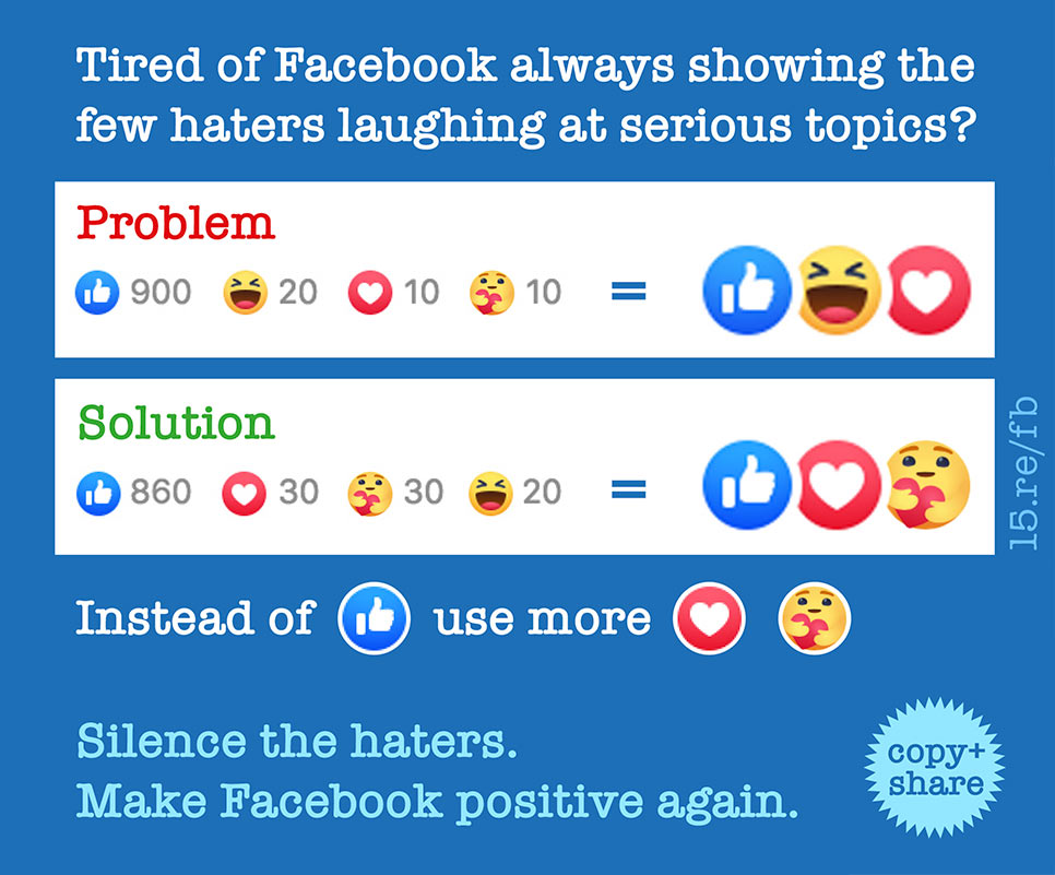 Sharepic of Make Facebook positive again - Silence the haters - hide the negative haters laughing lol smiley emojis and replace them with positive heart emojis